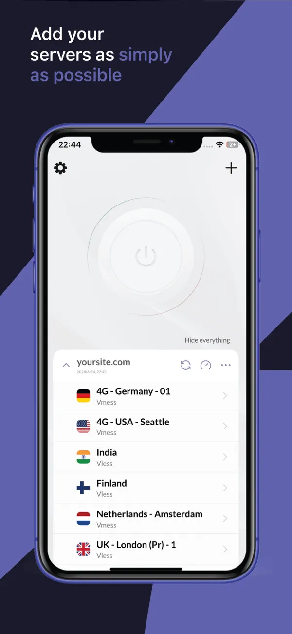 Официальный промо-экран Happ для iPhone со списком подключений